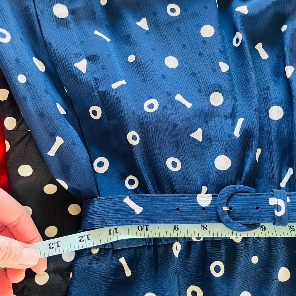 Vintage Liz Claiborne Navy Blue Button Back Abstract Print Pleated Midi Dress - Picture 15 of 16